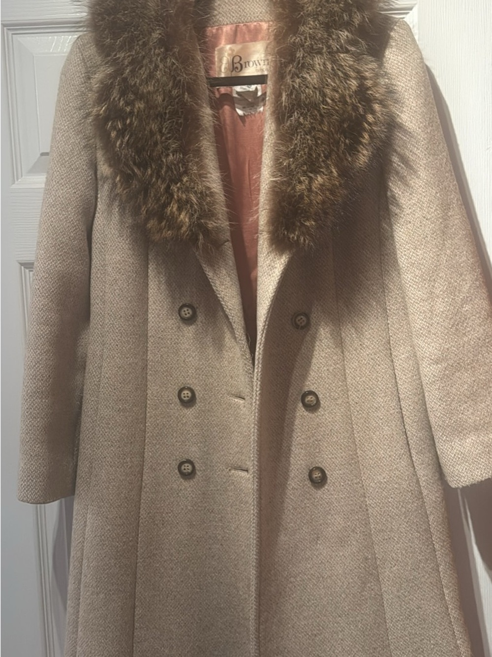 Wool-Blend Tan Pea Coat with Fur Collar